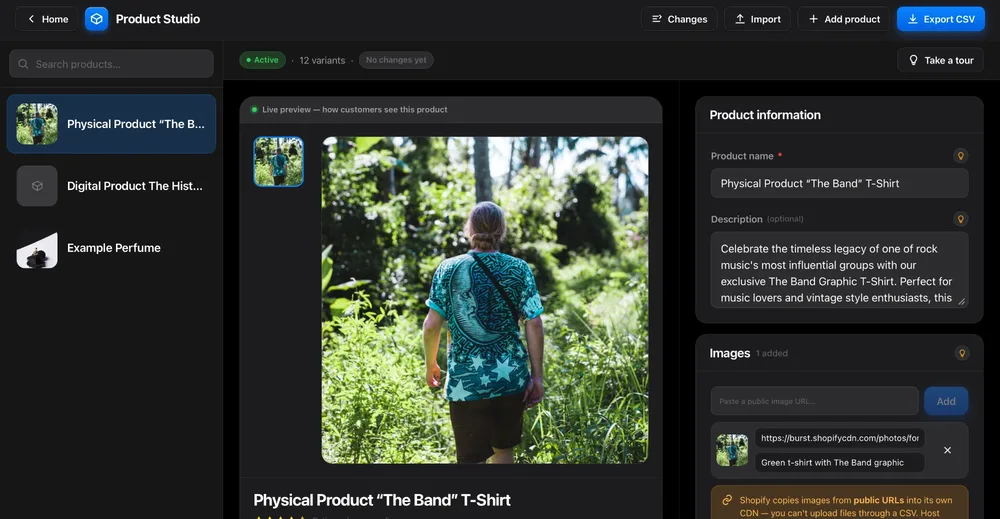 Shopify Product Studio: product list, live storefront preview and edit form